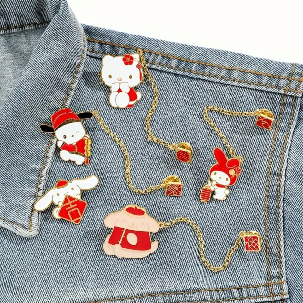 Sanrio 5pcs Hello Kitty Chain Brooch Cute Melody Pins, Metal Badge Jewelry